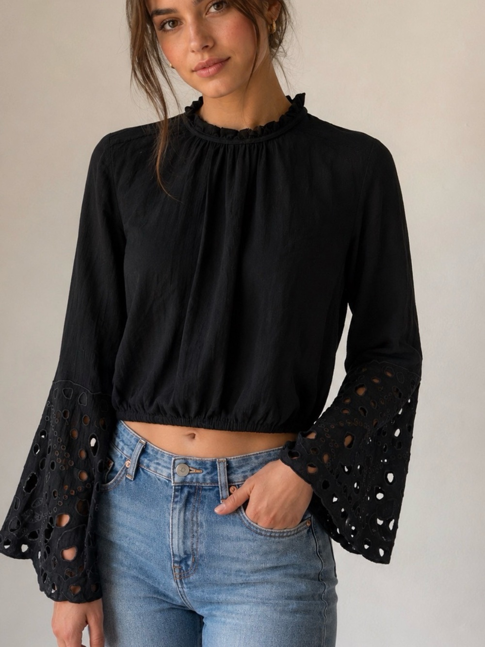 Moon River Black Eyelet Bell-Sleeve open back Crop Top medium